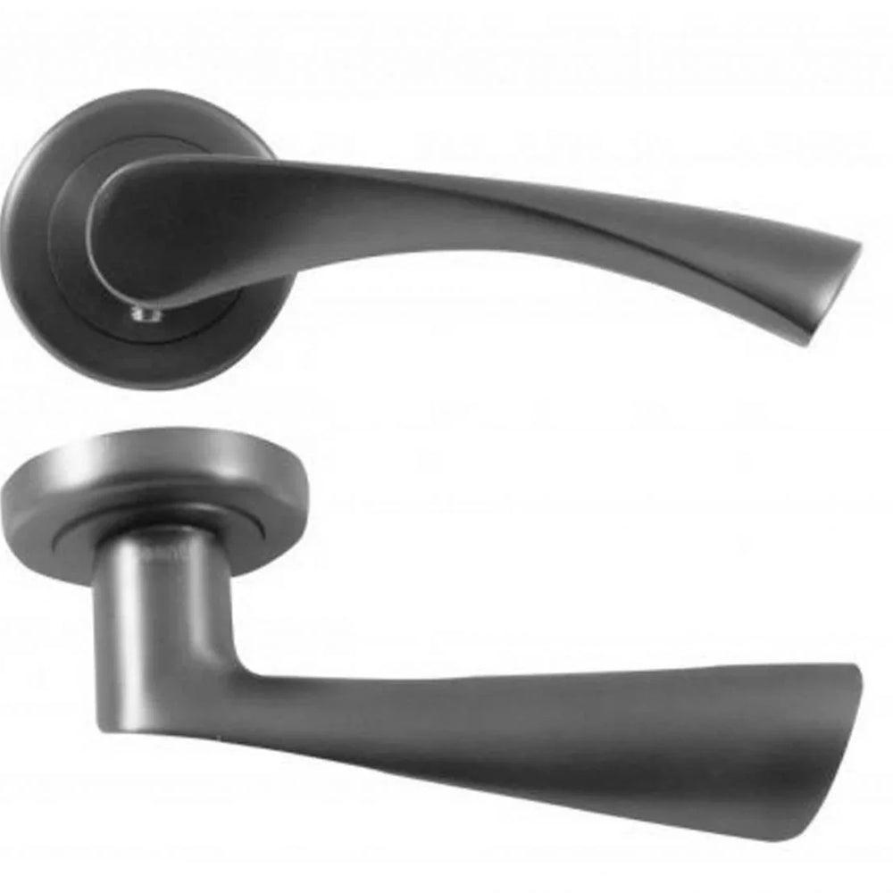 Matte black door handle set with curved lever and round rose design