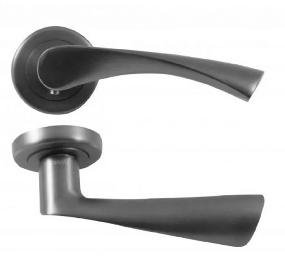 Matte black door handle set with curved lever and round rose design