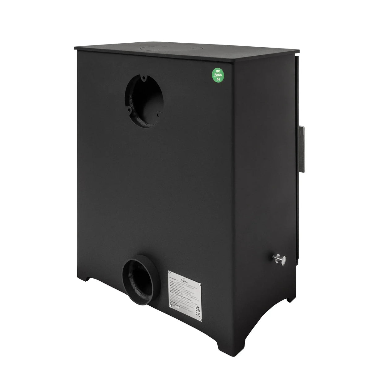 Black stove body angle view showing flue outlet and metal construction