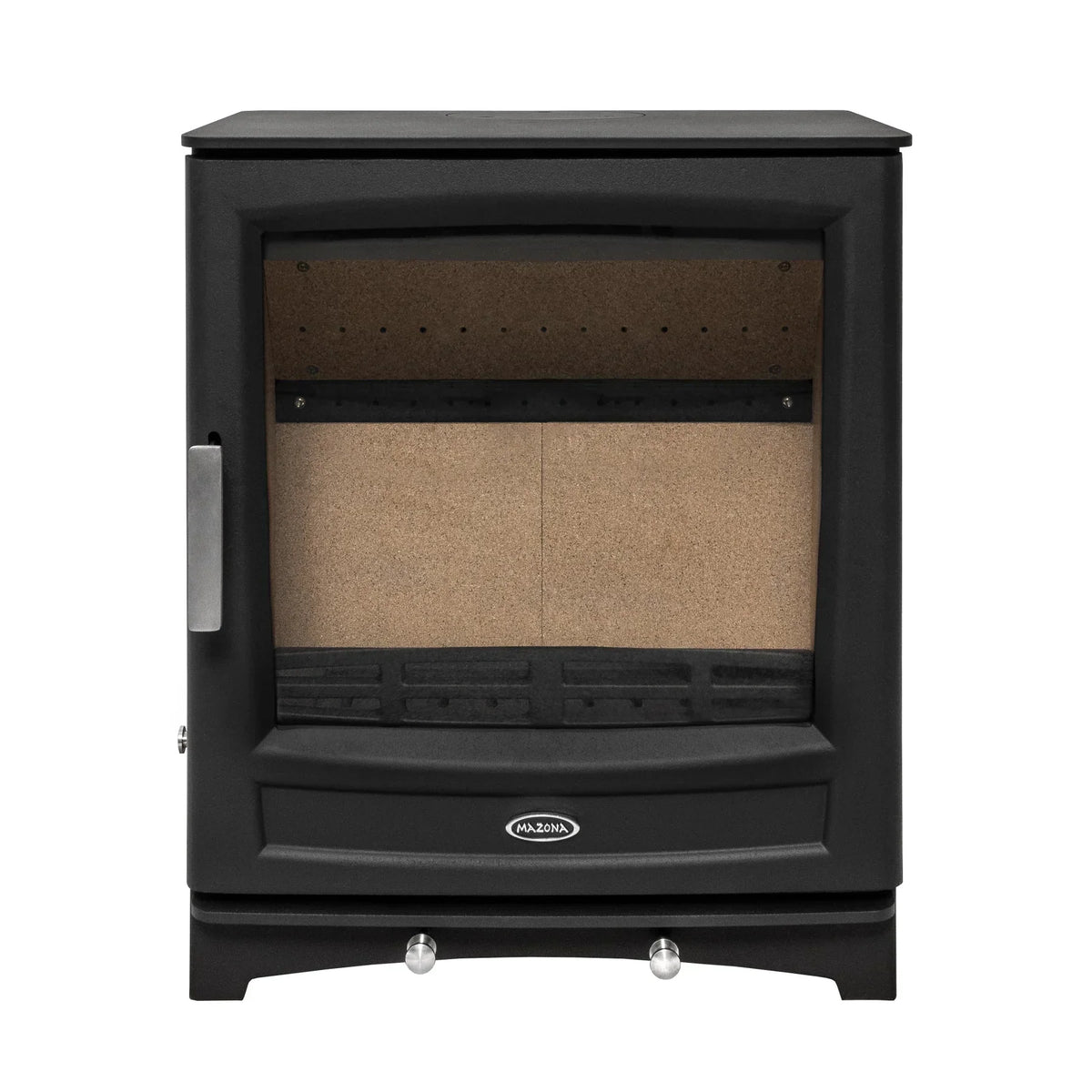 Black freestanding stove with glass front and metal handle, viewed from the front