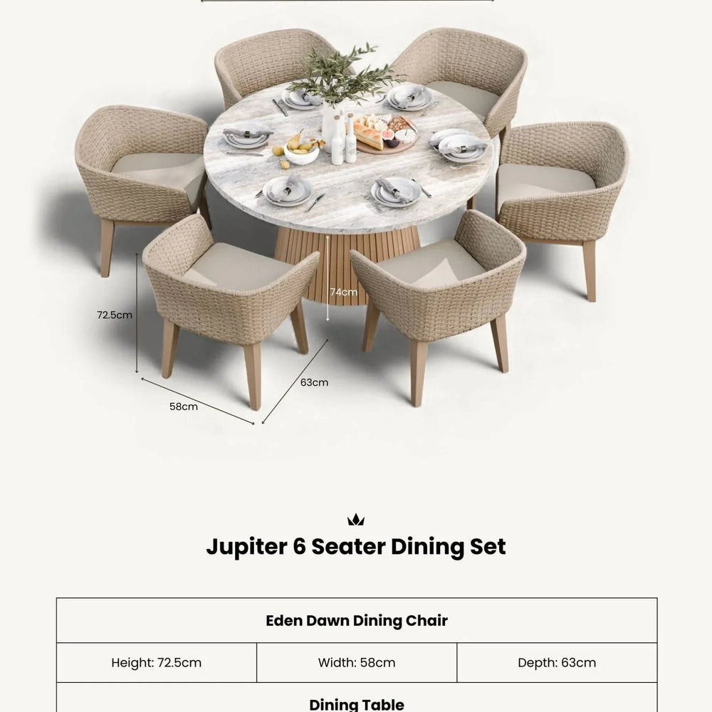 Jupiter 6 seater dining set with round wood table and six wicker Eden Dawn chairs, place settings