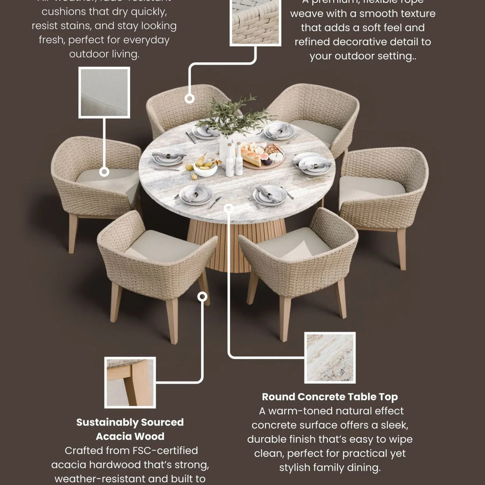 Beige outdoor dining set with round concrete table, rope weave chairs, and olefin fabric cushions