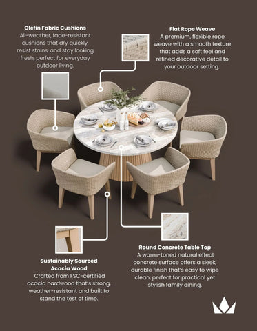 Beige outdoor dining set with round concrete table, rope weave chairs, and olefin fabric cushions