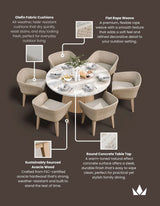 Beige outdoor dining set with round concrete table, rope weave chairs, and olefin fabric cushions
