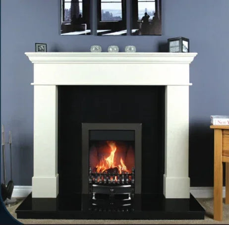 White fireplace surround with electric fire insert and black hearth in modern living room
