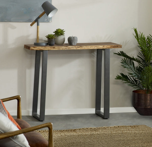 Baltic Live Edge Console Table made of solid acacia wood with a metal frame