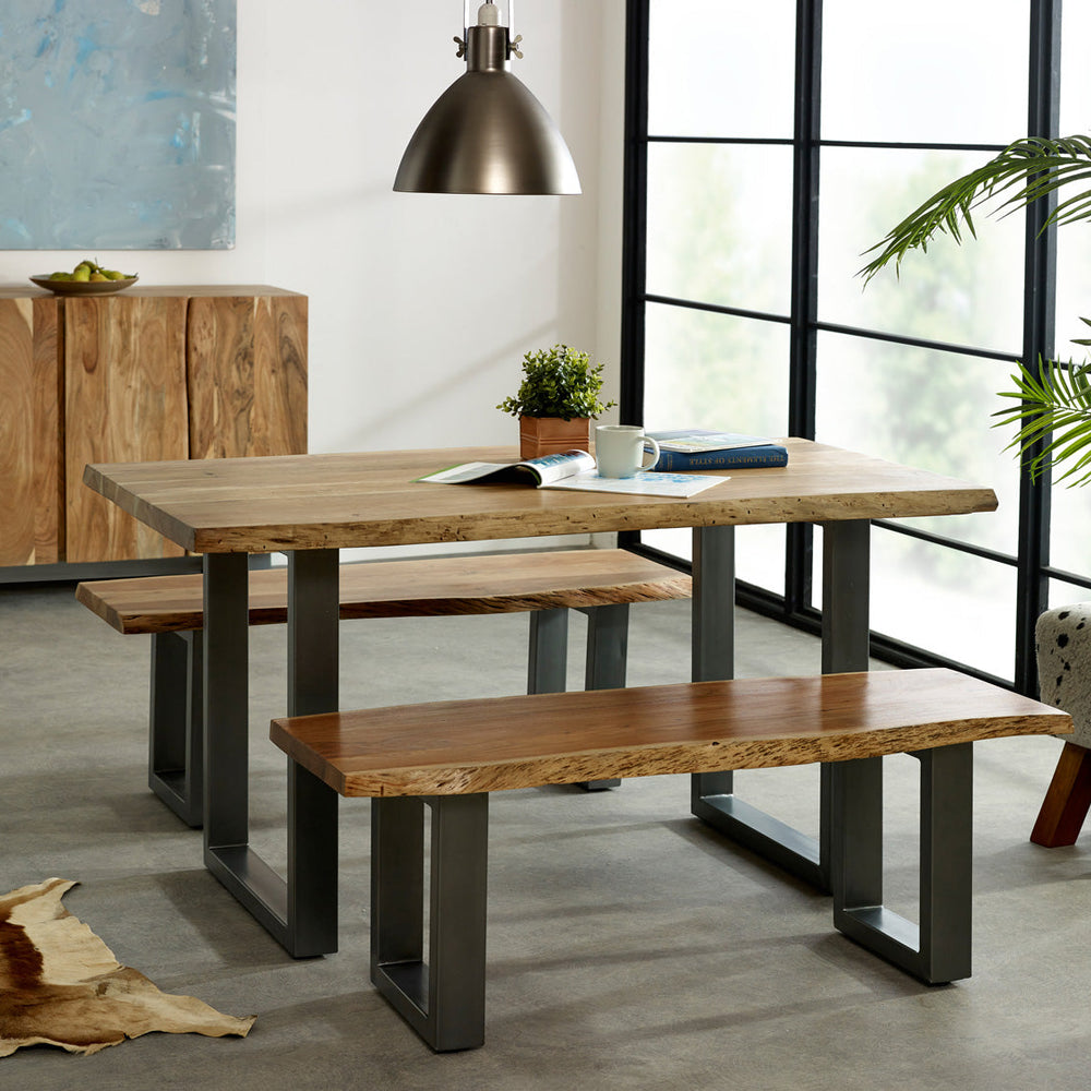 Baltic Live Edge Medium Bench made from solid acacia wood with a metal sled frame