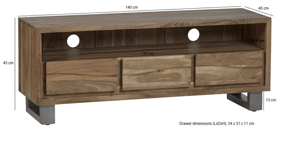 Baltic live edge media unit in solid acacia wood with metal legs