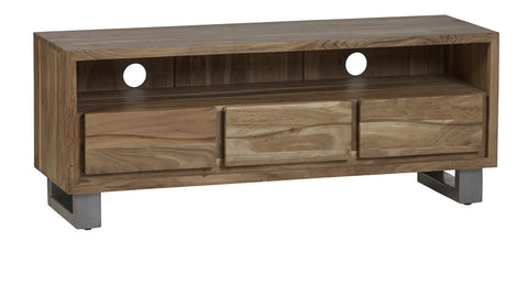 Baltic live edge media unit in solid acacia wood with metal legs