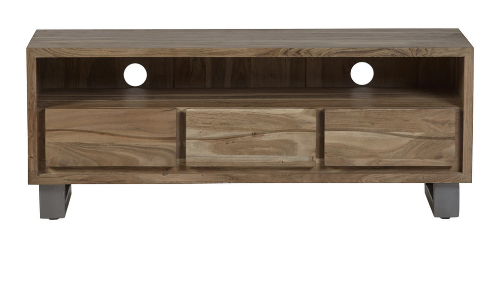 Baltic live edge media unit in solid acacia wood with metal legs