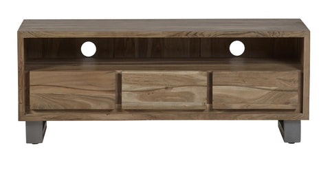 Baltic live edge media unit in solid acacia wood with metal legs