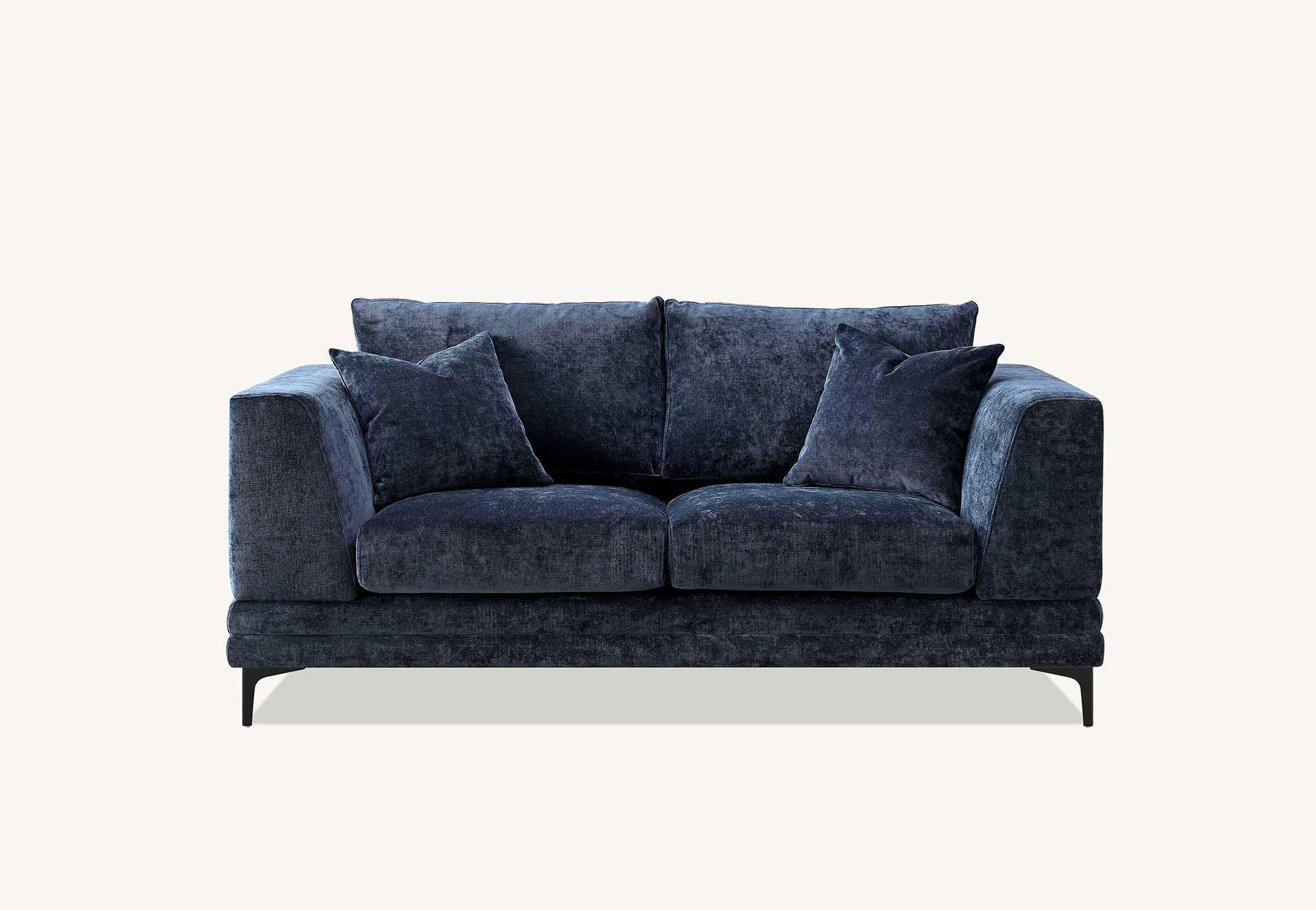 Blue fabric two seater sofa with plush cushions and metal legs, front view