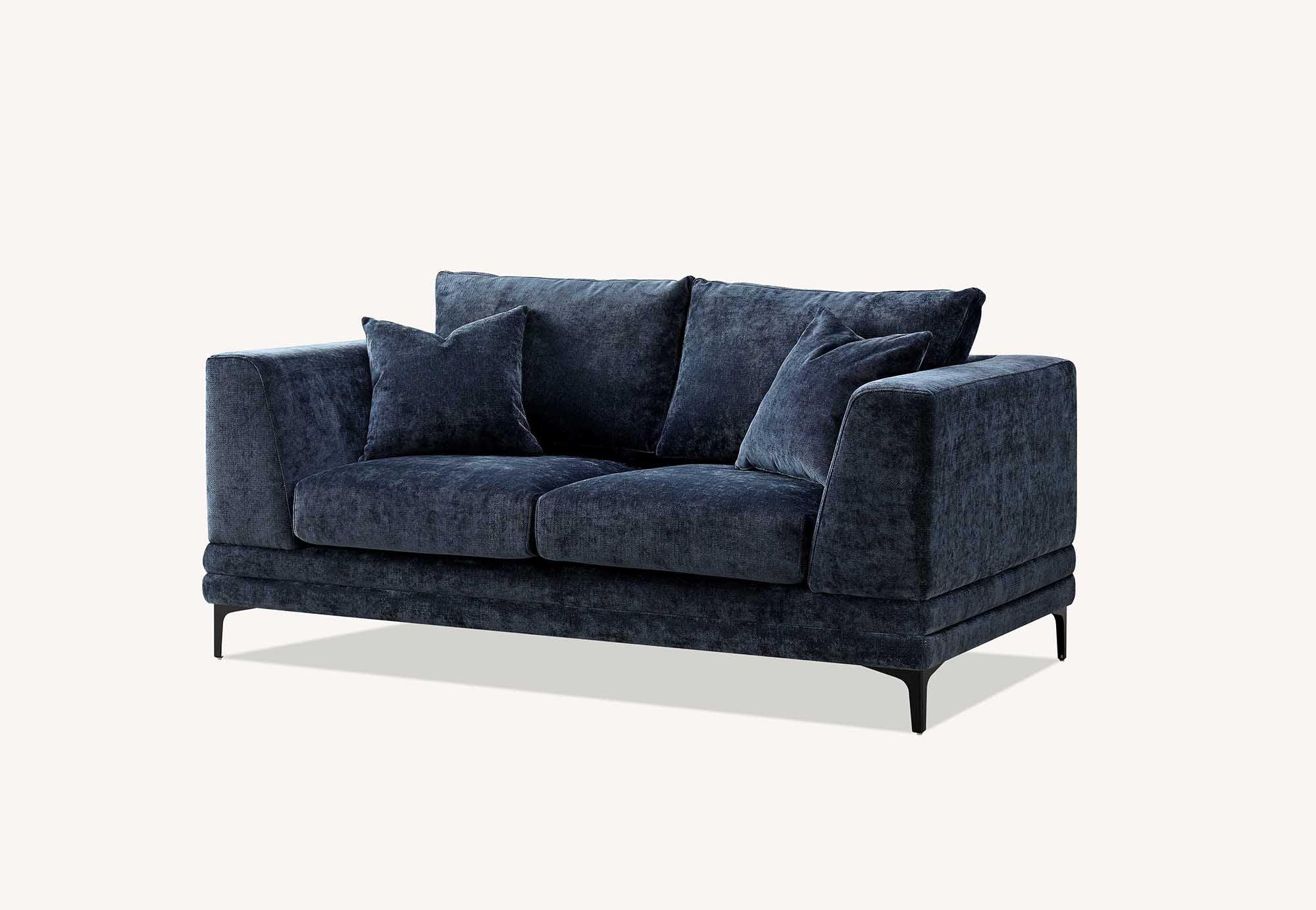 Blue fabric two seater sofa with square arms and black legs, includes matching cushions