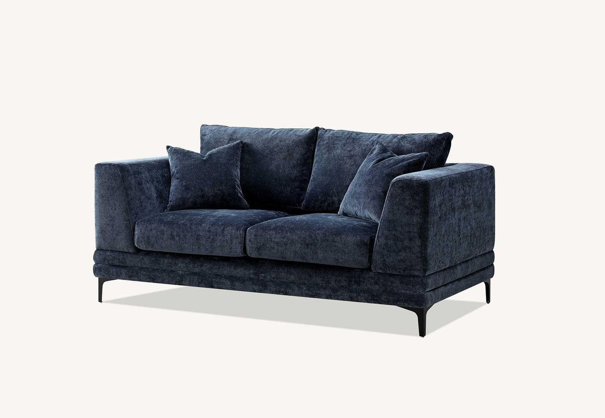 Blue fabric two seater sofa with square arms and black legs, includes matching cushions