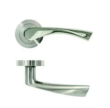Modern chrome door handle with curved lever design, shown from side and front angles