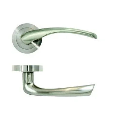 Brushed chrome door handle lever with round rose, modern design shown from two angles