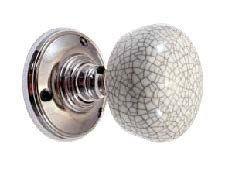 Ceramic crackle effect door knob with chrome base, shown from side angle