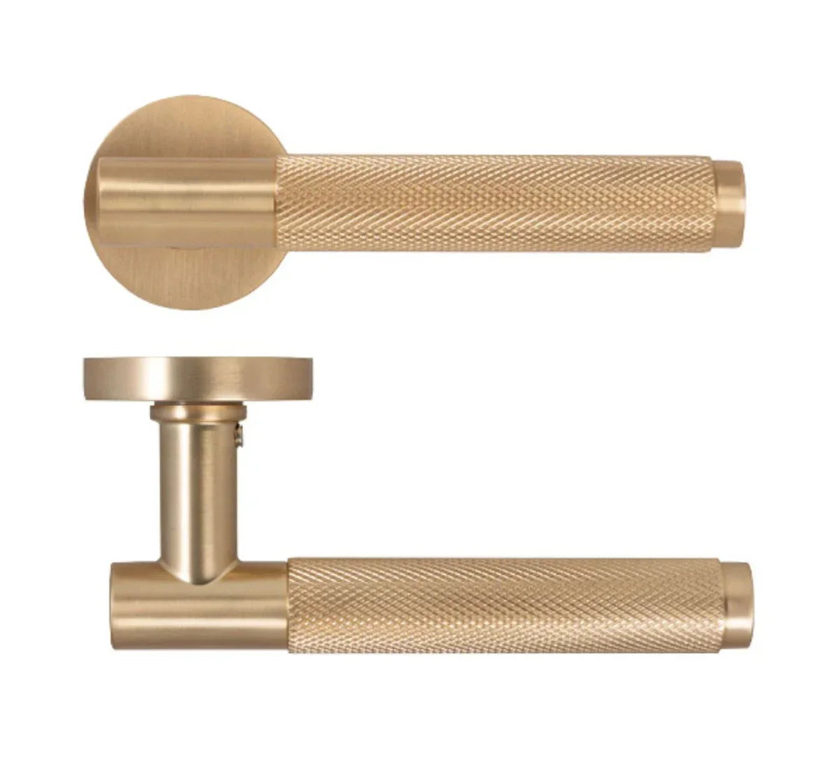 Brushed brass door handle set with knurled textured grip and round backplate