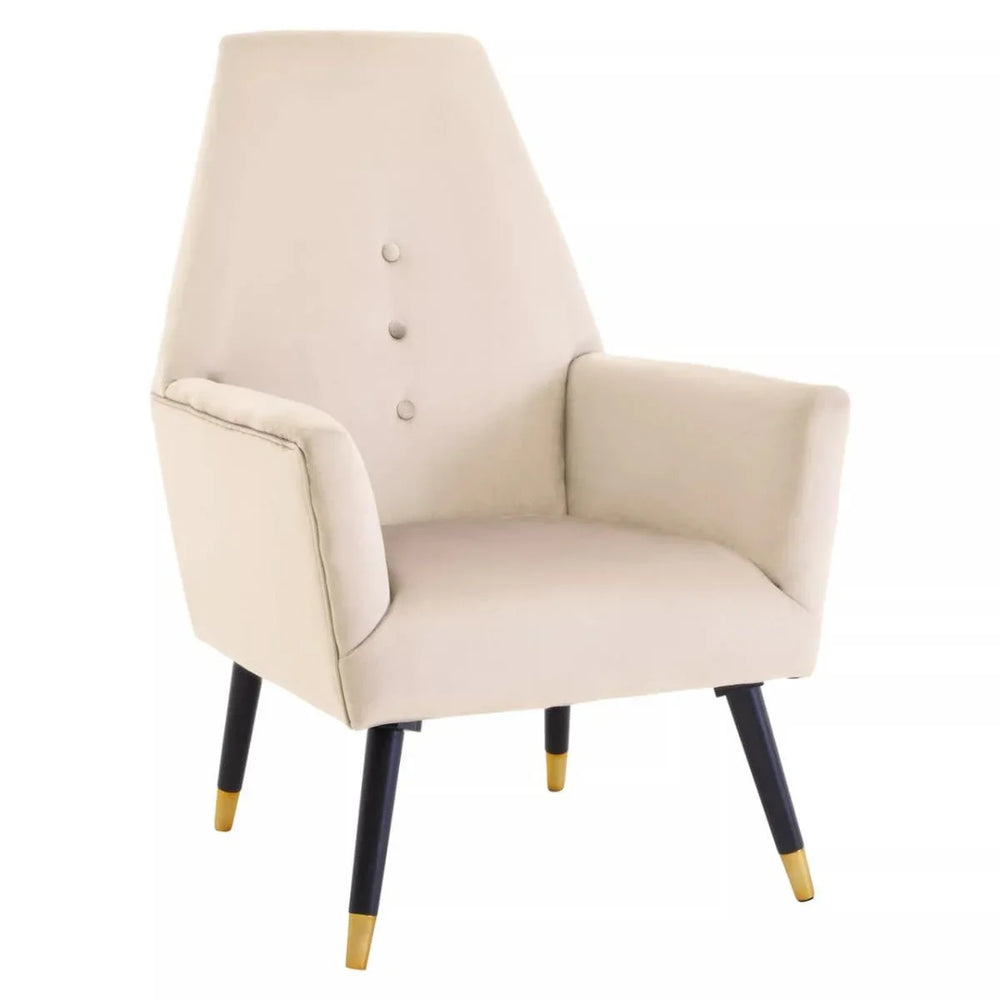 Beige velvet accent chair with button backrest, black tapered legs, gold tips, white background