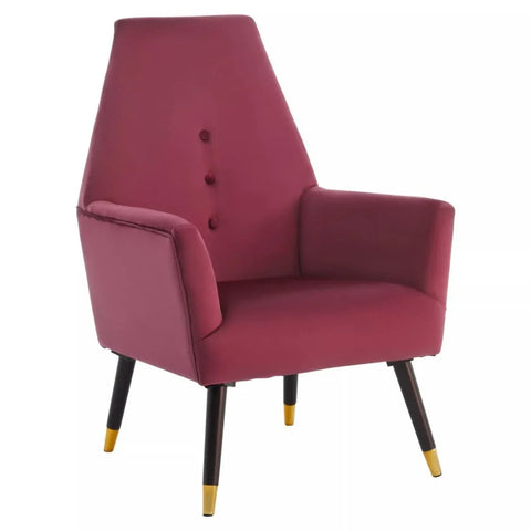 Wine velvet accent chair with button detail and wooden legs with gold tips