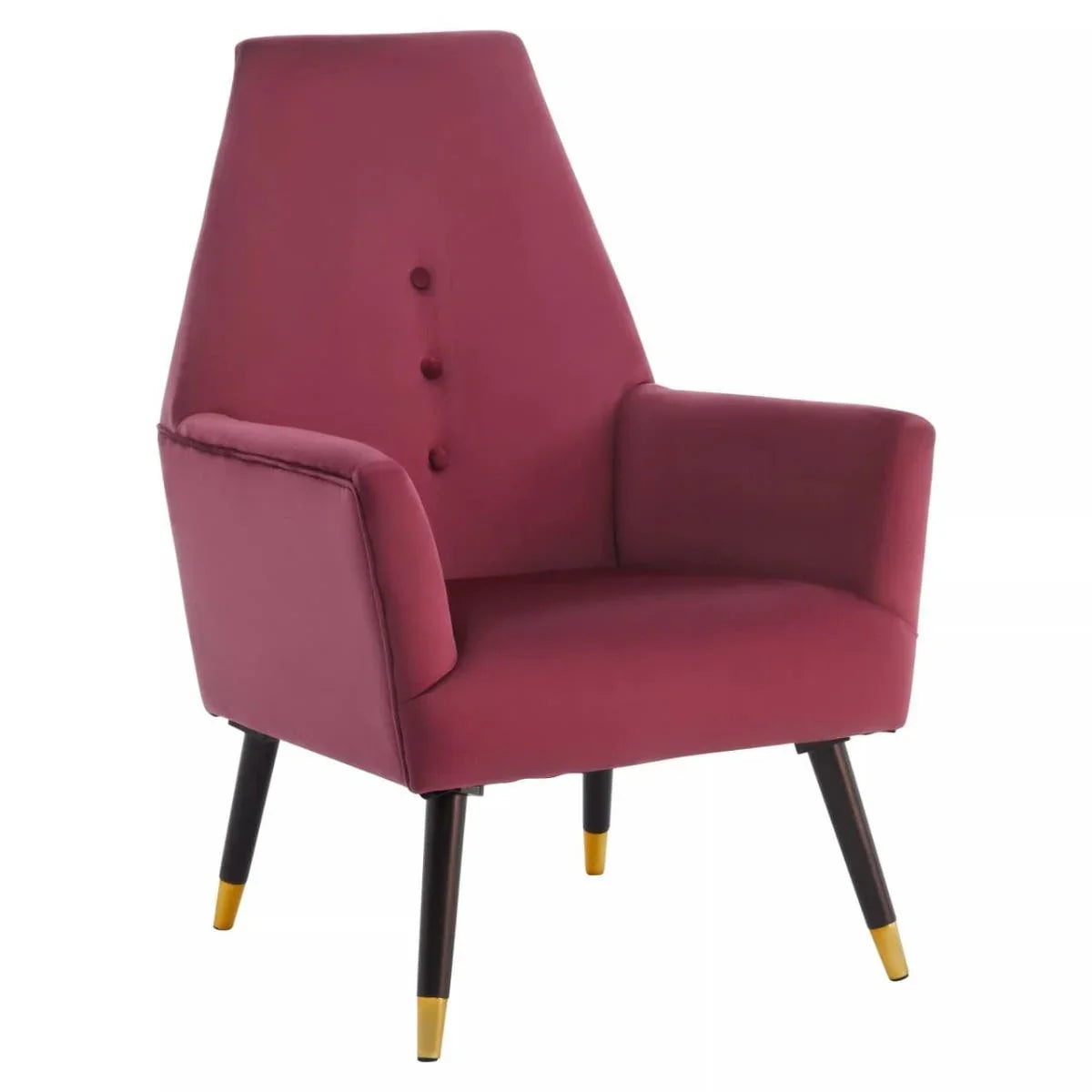 Wine velvet accent chair with button detail and wooden legs with gold tips