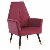 Wine velvet accent chair with button detail and wooden legs with gold tips