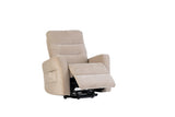 Beige fabric recliner chair with footrest extended, front angle view