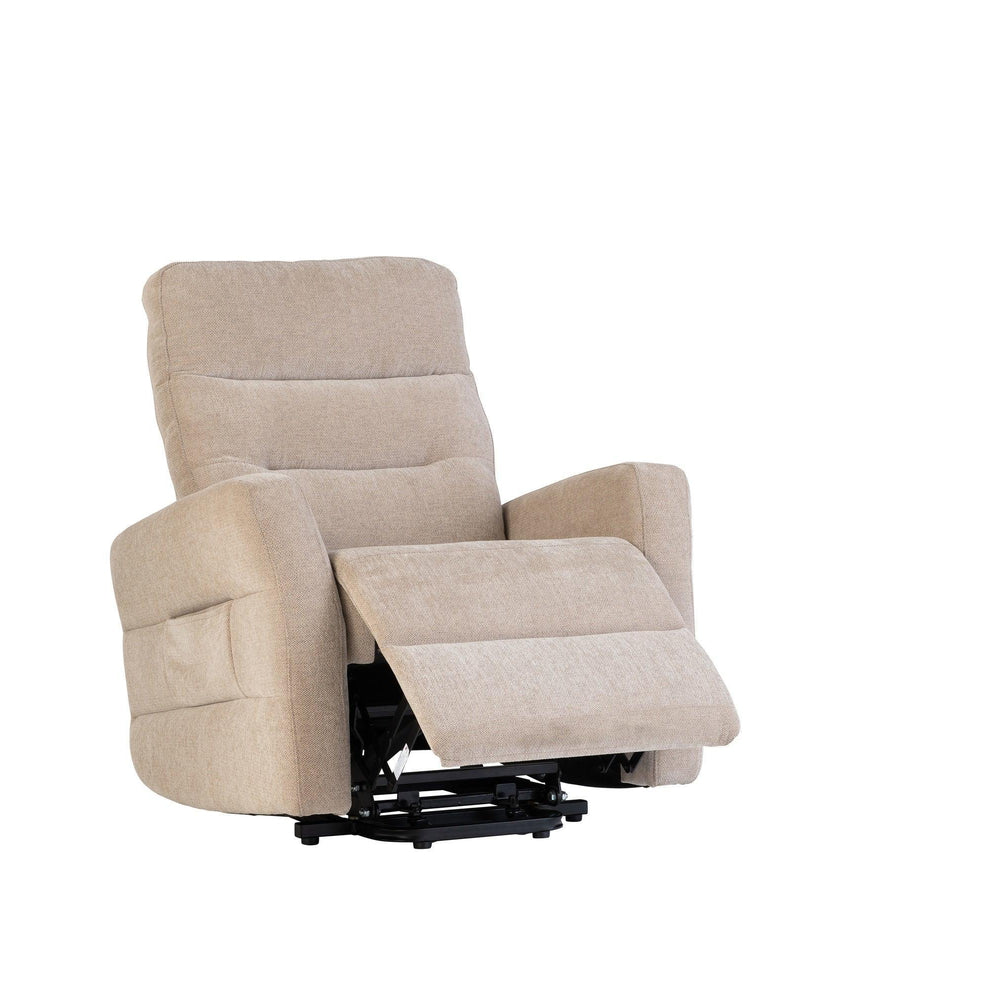 Beige fabric recliner chair with extended footrest and padded armrests