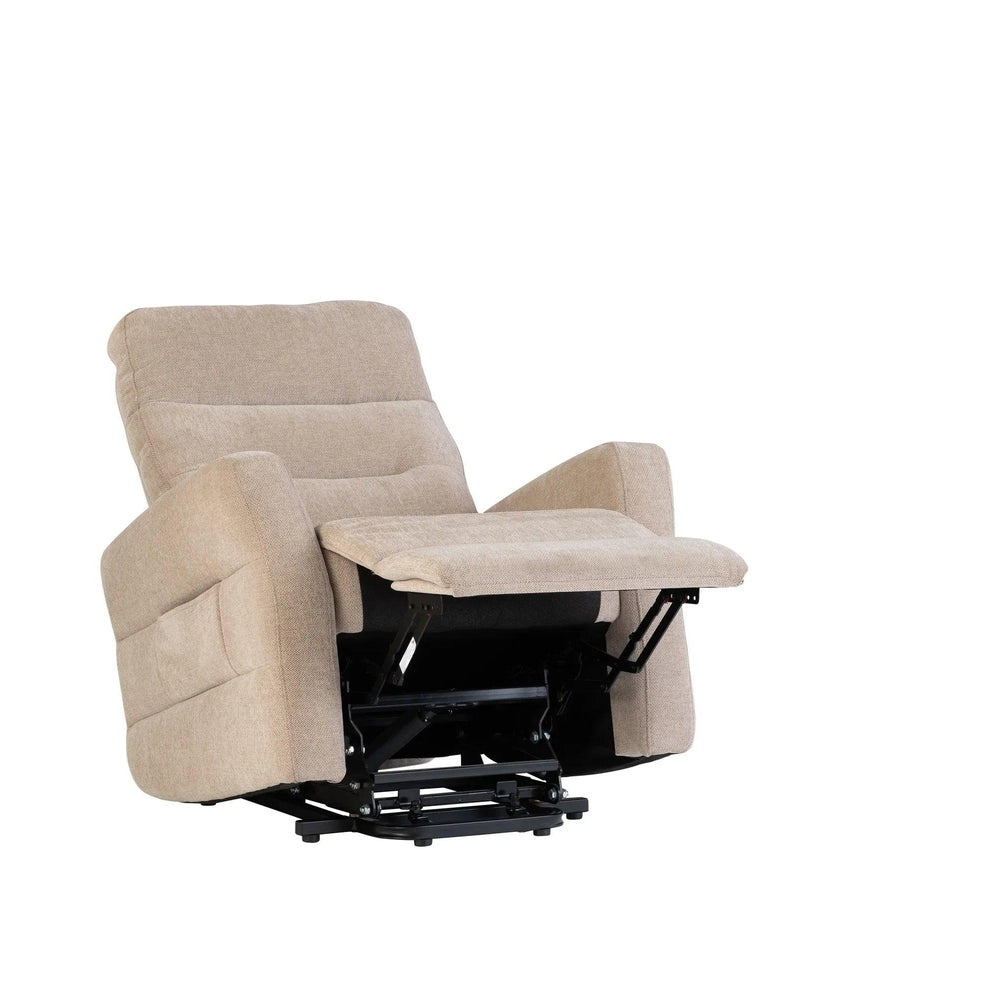 Beige fabric recliner chair with extended footrest and padded armrests, front angle view