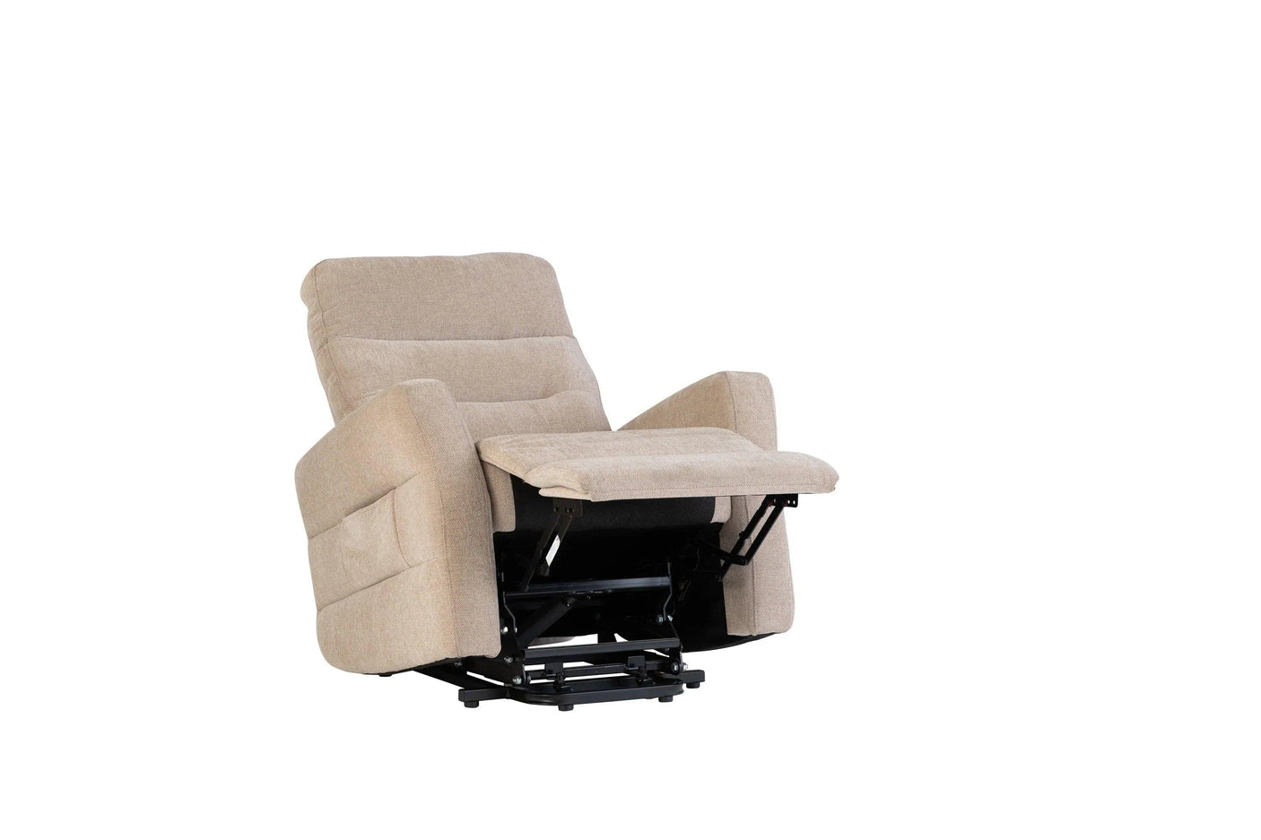 Beige fabric recliner chair with extended footrest and padded armrests, front angle view