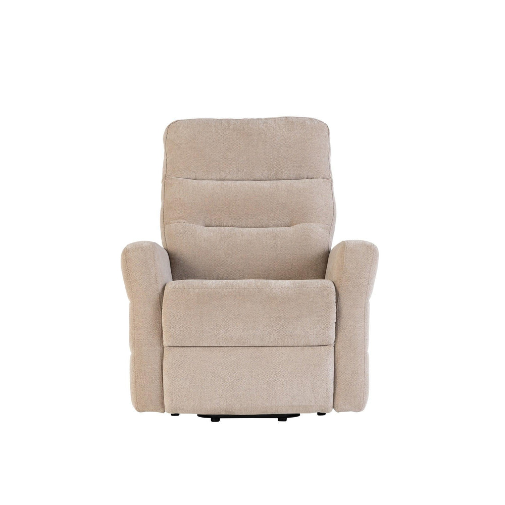 Beige fabric recliner chair with padded back and armrests, front view on white background