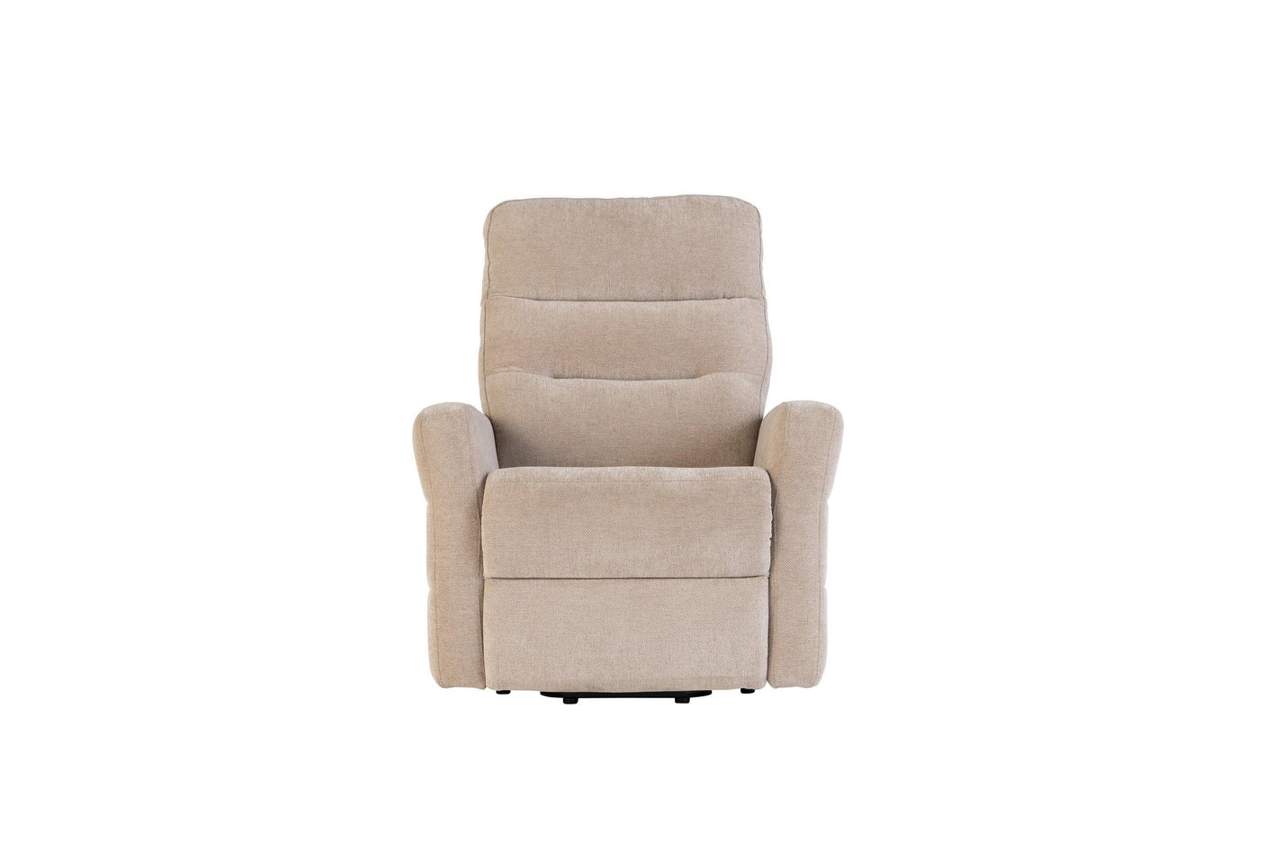 Beige fabric recliner chair with padded back and armrests, front view on white background