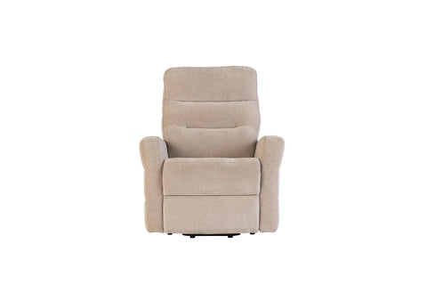 Beige fabric recliner chair with padded seat and armrests, front view