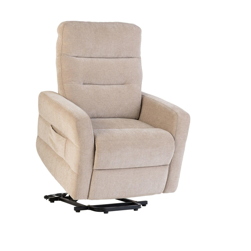 Beige fabric recliner chair with rise and lift function on metal base, angled view