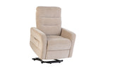 Beige fabric recliner chair with rise and lift function on metal base, angled view