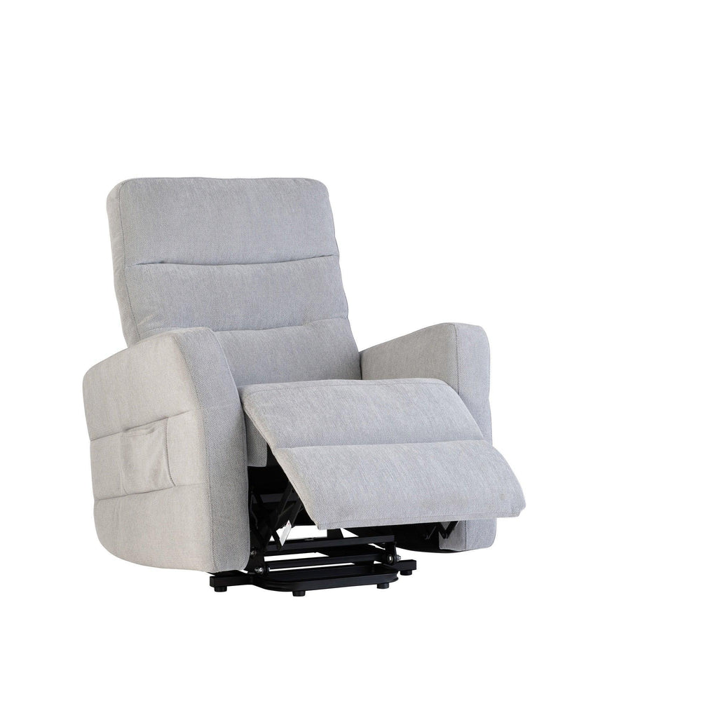 Silver grey fabric recliner chair with footrest extended, angled view