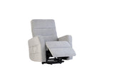Silver grey fabric recliner chair with extended footrest and side pocket on white background