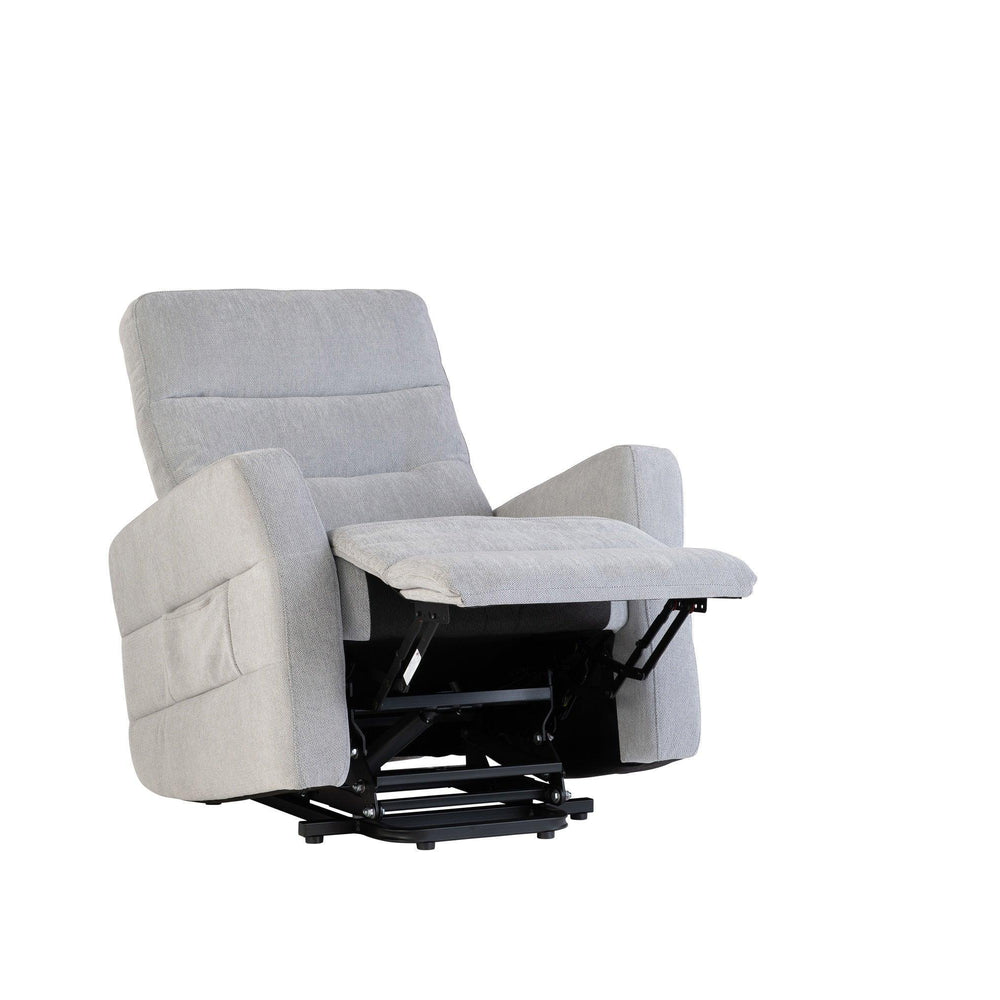 Silver grey fabric recliner chair with raised footrest and padded arms on white background