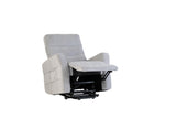 Silver grey fabric recliner chair with raised footrest and padded arms on white background