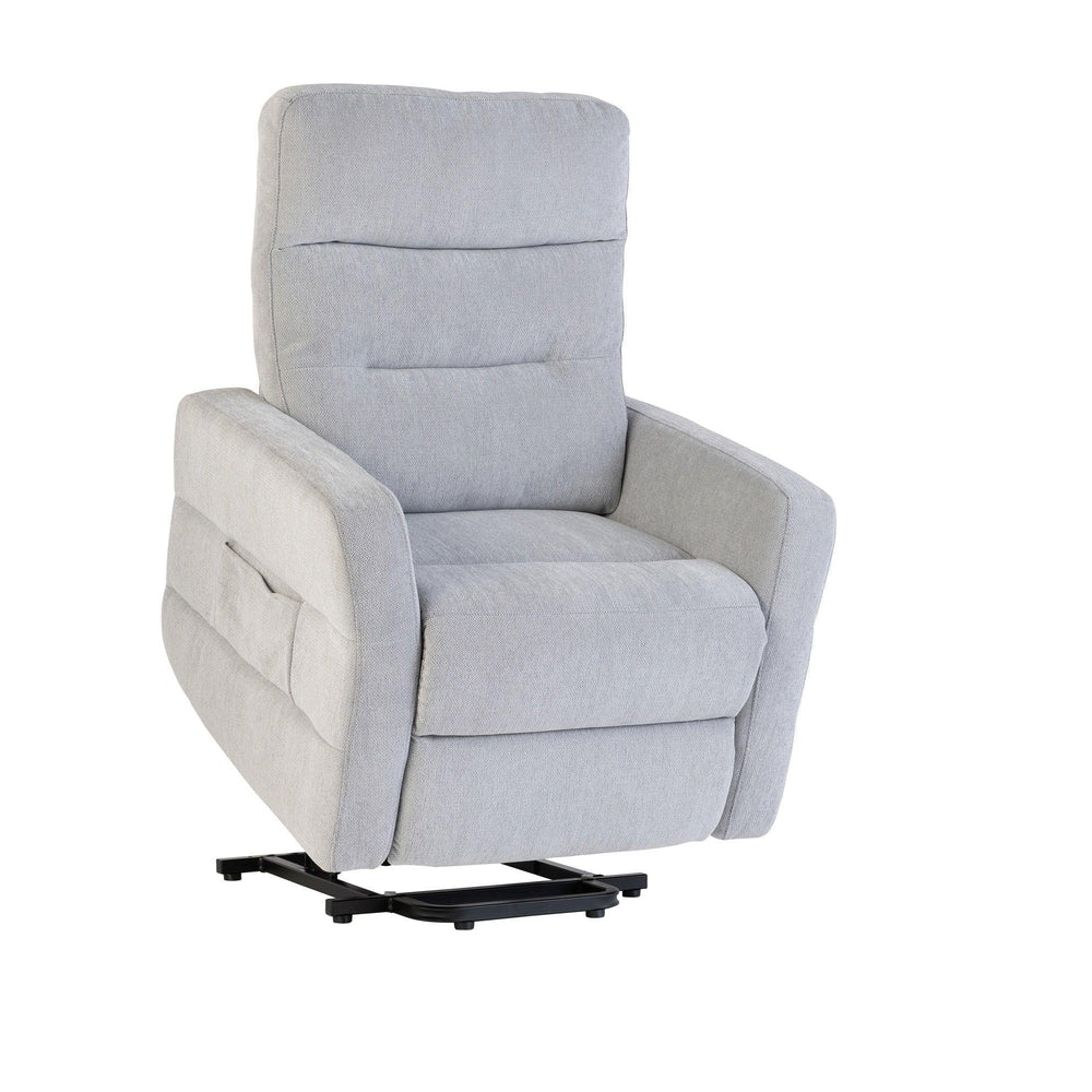 Silver grey fabric recliner chair with lift mechanism and high backrest, angled view