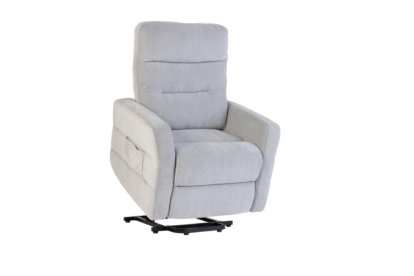 Silver grey fabric recliner chair with lift mechanism and high backrest, angled view