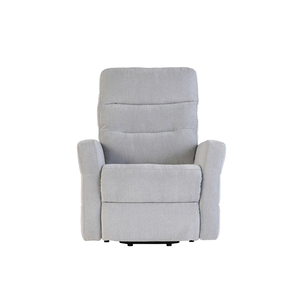 Silver grey fabric recliner armchair with padded backrest and armrests, front view