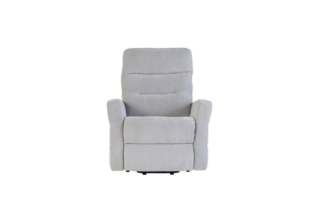 Silver grey fabric recliner armchair with padded backrest and armrests, front view