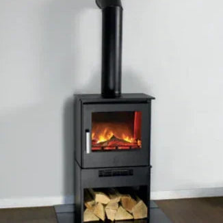 modern log store wood burner with visible fire and stacked logs on wood floor