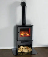 modern log store wood burner with visible fire and stacked logs on wood floor