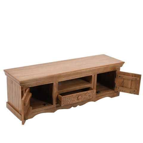 Artwork Mango wood TV cabinet with intricate front detail and whitewash finish