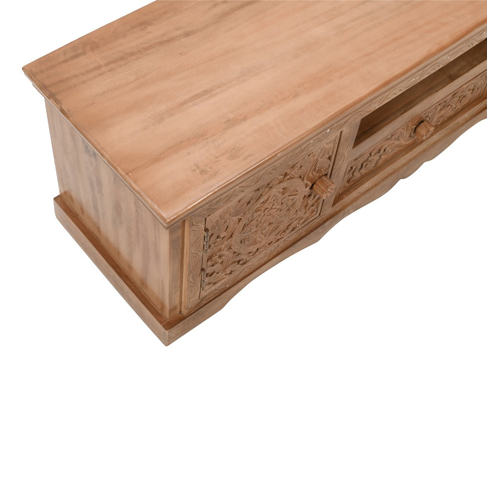 Artwork Mango wood TV cabinet with intricate front detail and whitewash finish