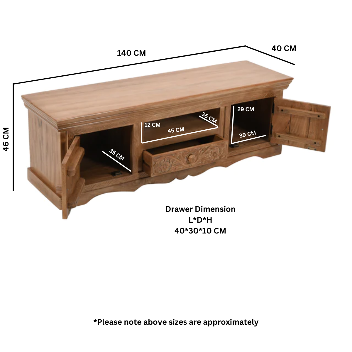 Artwork Mango wood TV cabinet with intricate front detail and whitewash finish