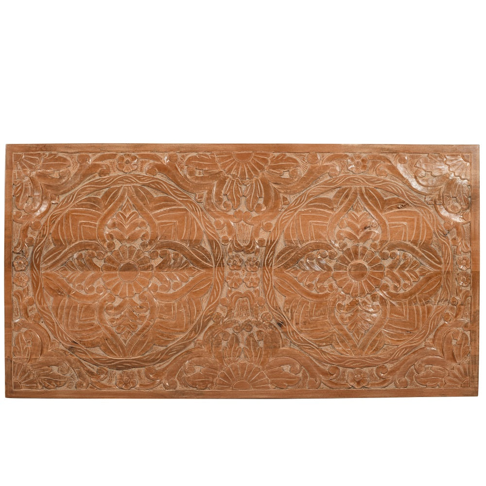 Handcrafted mango wood bedframe with intricate artwork detailing