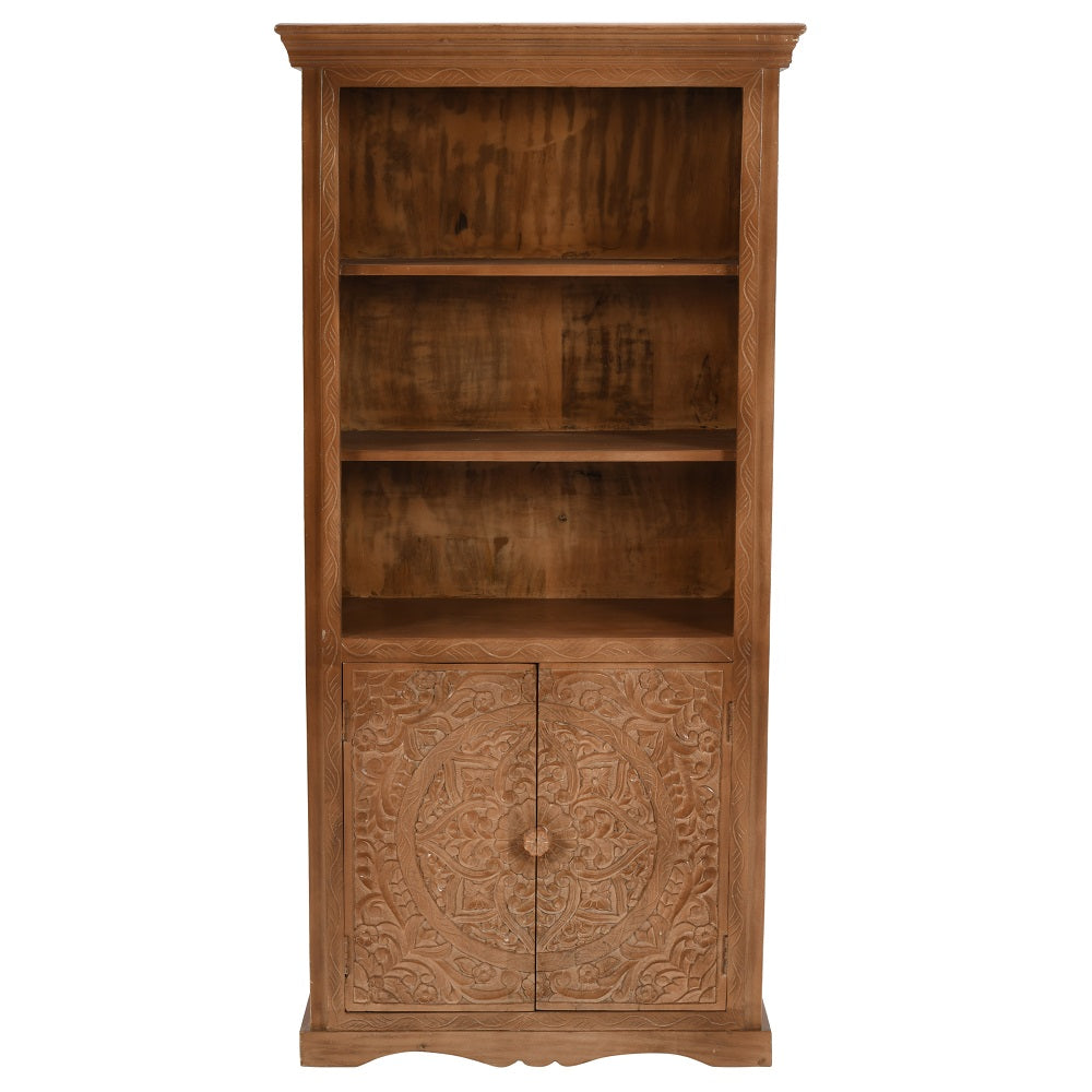 Handcrafted large corner bookcase made of mango wood with a whitewash finish